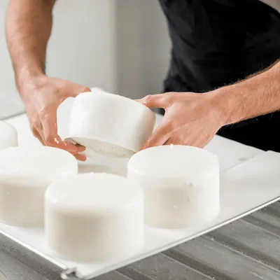 Homemade fresh cheese in its moulds